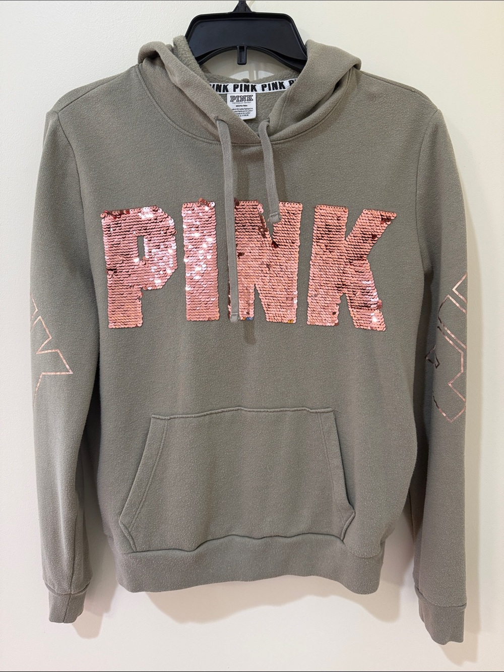 PINK Victoria's Secret Olive Green Sweatshirt with Rose Gold Sequin Logo - Picture 3 of 5